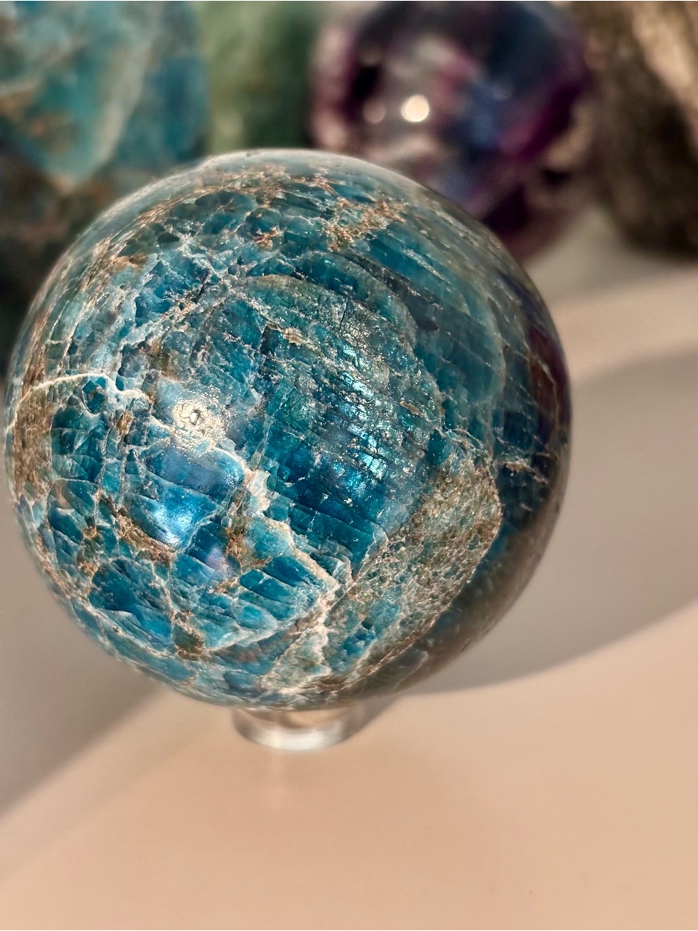 Blue Apatite Crystal Sphere ~400g Polished Gemstone Sphere with Stand